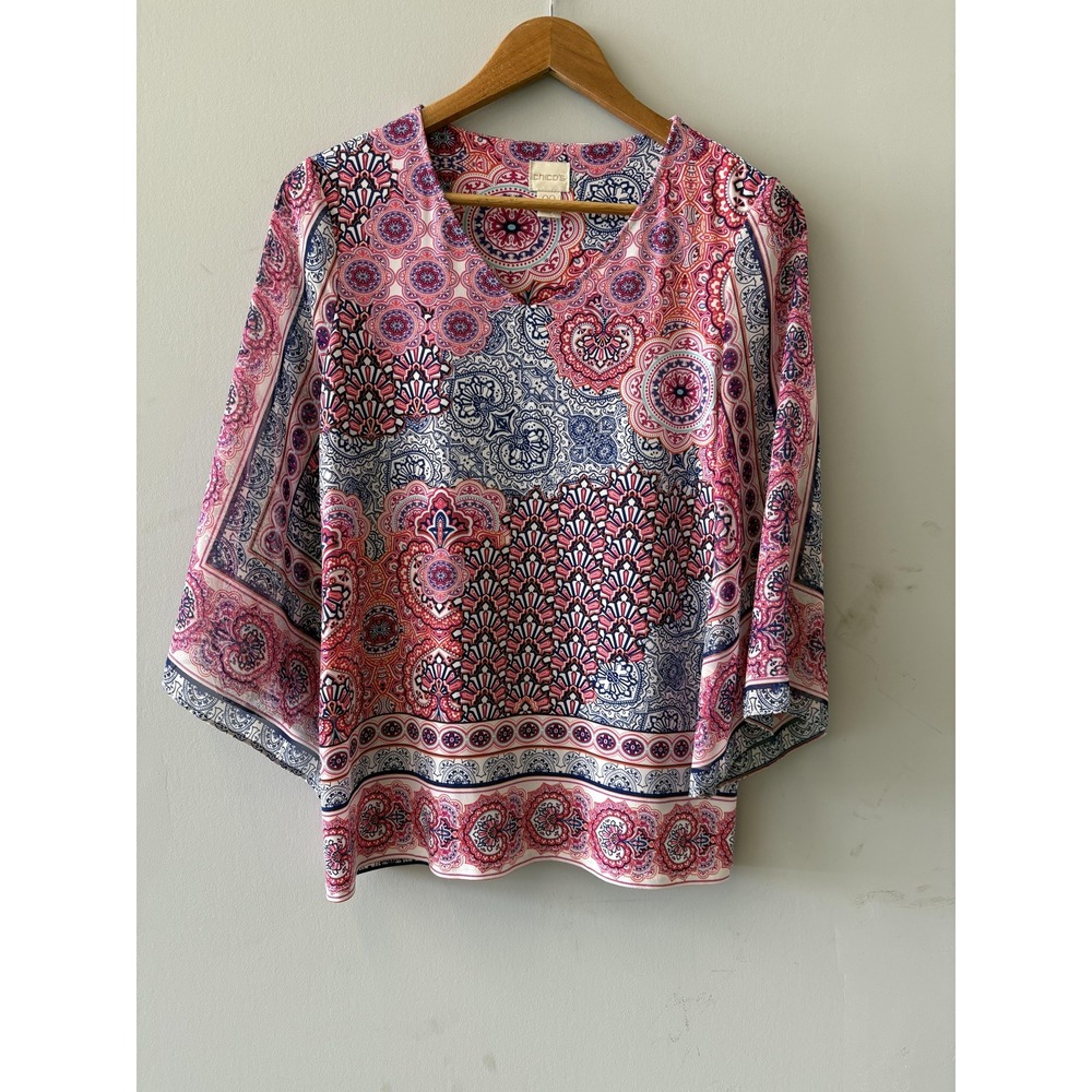 Chico's Shirt Womens 00 Multicolor Paisley Scoop Neck 3/4 Flare Sleeve Boho Top